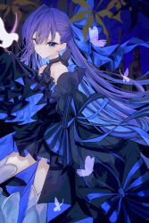 Rule 34 | 1girl, absurdres, bare shoulders, bird, bird on hand, blue bow, blue dress, blue eyes, blue ribbon, blush, bow, breasts, bug, butterfly, choker, closed mouth, collarbone, detached sleeves, dress, fate/grand order, fate (series), full body, hair between eyes, hair bow, hair ribbon, highres, insect, leaf, long hair, looking at viewer, meltryllis (fate), official alternate costume, original, prosthesis, prosthetic leg, puffy sleeves, purple hair, ribbon, sleeves past fingers, sleeves past wrists, small breasts, solo, standing, stomach, strapless, strapless dress, thighs, very long hair, white butterfly, yagi (yagi5art)