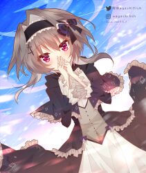 Rule 34 | 1girl, 2022, 9-nine-, absurdres, black bow, black capelet, black dress, black hair, black hairband, blue bow, blush, bow, capelet, commentary, covering own mouth, cowboy shot, dated, day, dress, dress bow, dutch angle, floating clothes, floating hair, frilled capelet, frilled dress, frilled hairband, frilled sleeves, frills, gothic lolita, hair bow, hair ornament, hairband, hairclip, hands up, highres, interlocked fingers, lolita fashion, lolita hairband, long sleeves, looking at viewer, official alternate costume, outdoors, own hands together, purple brooch, red eyes, short hair with long locks, solo, twitter username, wagashifish, wide sleeves, yuuki noa