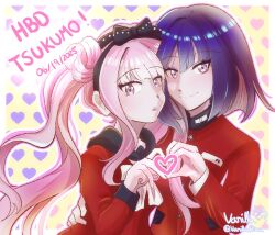 1boy 1girl 2025 arm_around_waist black_bow black_hairband black_headband bow brother_and_sister closed_mouth dated hair_bow hairband happy_birthday headband heart heart_hands heart_hands_duo long_hair looking_at_viewer matching_hair/eyes open_mouth pink_eyes pink_hair purple_background purple_hair siblings smile the_hundred_line_-last_defense_academy- tsukumo_ima tsukumo_kako twins twintails upper_body yellow_background