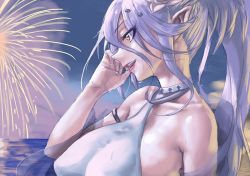 1girl armlet collarbone commentary_request eyelashes female_focus fireworks flower from_side granblue_fantasy hair_flower hair_ornament halterneck hand_to_head high_ponytail izmir jewelry lips long_hair night ocean open_mouth pointy_ears ponytail purple_hair see-through_clothes shawl smile solo tomiokasena tsurime tucking_hair very_long_hair water water_drop wet yellow_eyes