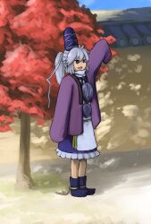 Rule 34 | 1girl, autumn leaves, black eyes, blue boots, blue hat, blue skirt, boots, coat, commentary request, day, frilled skirt, frills, full body, hat, high ponytail, highres, japanese clothes, kariginu, leaf, long hair, long sleeves, looking afar, mononobe no futo, open mouth, outdoors, pom pom (clothes), ponytail, purple coat, ritsuzou, robe, skirt, sleeves past fingers, sleeves past wrists, smile, solo, standing, tate eboshi, touhou, tree, white robe