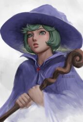1girl aki_(akistrike) berserk cloak green_eyes green_hair hat holding holding_staff medium_hair schierke_(berserk) solo staff white_background wide_brim witch_hat
