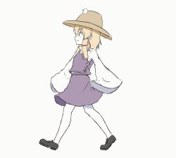 1girl animated animated_gif black_eyes black_shoes blinking blush brown_hat closed_mouth female_focus from_side full_body hair_ribbon hat loafers long_sleeves moriya_suwako profile purple_skirt purple_vest red_ribbon ribbon shoes short_hair_with_long_locks sidelocks simple_background skirt sleeves_past_fingers sleeves_past_wrists smile solo tarumaru thighhighs touhou ugoira vest walking white_background white_thighhighs wide_sleeves