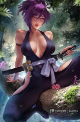 1girl arm_support artist_name black_thighhighs blurry blurry_background breasts clothing_cutout hip_vent jigokuraku large_breasts licking_lips lips looking_at_viewer ninja olchas purple_hair purple_robe red_eyes robe sash short_hair short_sword sitting solo sword thighhighs tongue tongue_out weapon white_sash yuzuriha_(jigokuraku)