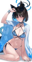 Rule 34 | 1girl, animal ears, arm up, bikini, black eyes, black hair, black nails, blue archive, blue bikini, blue halo, blush, breasts, cat ears, cat girl, cat tail, eel mizue, floral print, halo, highres, kikyou (blue archive), kikyou (swimsuit) (blue archive), layered bikini, looking at viewer, medium breasts, multiple tails, nail polish, navel, official alternate costume, short hair, side-tie bikini bottom, simple background, sitting, solo, stomach, swimsuit, tail, towel, two tails, wet, white background
