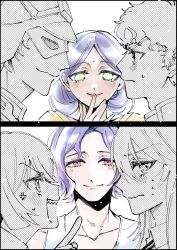 3boys 3girls amate_yuzuriha amuro_ray blue_hair blush char_aznable dark-skinned_female dark_skin double_bun green_eyes gundam gundam_gquuuuuux hair_bun highres lalah_sune long_hair mobile_suit_gundam multiple_boys multiple_girls nyaan_(gundam_gquuuuuux) open_mouth partially_colored red_eyes shirt short_hair shuji_ito simple_background smile unoharu403 white_background zeon