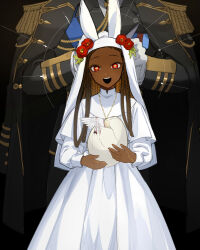 1boy 1girl :d adramelekh_(kyou) alexander_(kyou) animal_ears black_suit brown_hair commentary cracked_egg cracked_skin dark_skin dreadlocks dress egg english_commentary fake_animal_ears formal_clothes head_out_of_frame highres holding holding_egg kyou_(iuciferic) long_hair looking_at_viewer open_mouth original rabbit_ears red_eyes smile solo_focus suit teeth upper_teeth_only very_dark_skin white_dress white_hood