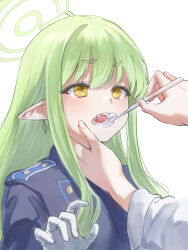 1girl blue_archive breasts gloves green_hair green_halo halo highres hikari_(blue_archive) long_hair marulire open_mouth pointy_ears sensei_(blue_archive) small_breasts white_gloves yellow_eyes