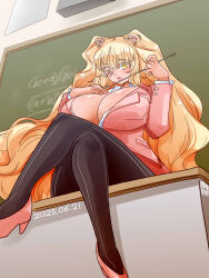 Rule 34 | 1girl, alternate breast size, alternate costume, black pantyhose, blazer, blonde hair, blush, breasts, chalkboard, classroom, cleavage, commentary request, dated, desk, flower, flower over eye, full body, hair flower, hair ornament, high heels, highres, holding, holding pointer, huge breasts, indoors, itini-sanshi, jacket, kirakishou, long hair, long sleeves, looking at viewer, on desk, open mouth, pantyhose, pink jacket, pointer, rose, rozen maiden, sitting, solo, teacher, two side up, very long hair, white flower, white rose, yellow eyes