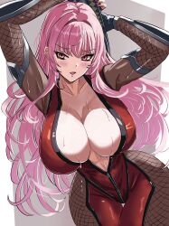 1girl absurdres alternate_costume bodystocking bodysuit breasts cleavage cosplay covered_navel elbow_gloves fishnet_bodystocking fishnets gloves highres holding holding_behind_back holding_sword holding_sword_behind_back holding_weapon holding_weapon_behind_back hololive hololive_english huge_breasts impossible_clothes katana kurenai_kenta large_breasts lipstick long_hair looking_at_viewer makeup mori_calliope ninja oboro_(taimanin_asagi) oboro_(taimanin_asagi)_(cosplay) open_mouth pink_eyes pink_hair red_bodysuit red_eyes skin_tight smile solo sword taimanin_(series) taimanin_asagi taimanin_suit thighhighs virtual_youtuber weapon