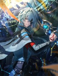 1boy anaxa_(honkai:_star_rail) aqua_hair chain eyepatch grin gun hand_tattoo highres holding holding_gun holding_weapon honkai:_star_rail honkai_(series) jacket male_focus medium_hair one_eye_covered pink_eyes red_tattoo smile solo tanemaki_monaka tattoo teeth twitter_username watermark weapon