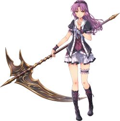 1girl arm_up black_boots black_ribbon black_shirt blue_bow boots bow closed_mouth curtained_hair eiyuu_densetsu frilled_skirt frilled_sleeves frilled_thigh_strap frilled_wristband frills full_body hair_ribbon hajimari_no_kiseki highres holding holding_scythe holding_weapon index_finger_raised knee_boots lace-up_boots long_hair official_art pleated_skirt puffy_short_sleeves puffy_sleeves purple_hair purple_shirt purple_undershirt renne_(eiyuu_densetsu) ribbon scythe sen_no_kiseki sen_no_kiseki_(series) sen_no_kiseki_i sen_no_kiseki_iv shirt short_sleeves skirt smile solo standing thigh_strap third-party_source transparent_background weapon white_skirt yellow_eyes