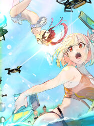 2girls aiming aiming_at_viewer bikini black_bikini black_hair blonde_hair blue_sky breasts closed_mouth commentary_request day drone dutch_angle floating_hair flying frilled_bikini frills funi_mu9 highres inoue_takina lens_flare long_hair looking_at_viewer lycoris_recoil medium_breasts multicolored_bikini multiple_girls navel nishikigi_chisato no_pupils one_side_up open_mouth orange_bikini orange_eyes outdoors partial_commentary partially_submerged people purple_eyes short_hair skindentation sky stomach swimsuit teeth two-tone_bikini upper_teeth_only water water_gun white_bikini