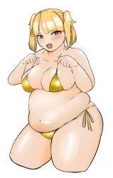 Rule 34 | 1girl, bikini, bikini pull, blonde hair, blush, breasts, brown eyes, cleavage, clothes pull, fang, fat, fat woman, gold bikini, hands on own chest, highres, large breasts, navel, open mouth, original, orya, plump, short hair, side-tie bikini bottom, skin fang, smile, solo, standing, swimsuit, thick thighs, thighs, twintails, white background