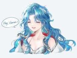 1girl ^_^ bare_shoulders blue_hair closed_eyes closed_mouth collarbone cropped_torso dress english_text grey_background highres hissabeth jacket long_hair mao_(1642598405) off_shoulder open_mouth reverse:1999 silver_dress sleeveless sleeveless_dress smile snake snake_on_head solo spaghetti_strap speech_bubble upper_body wavy_hair white_jacket