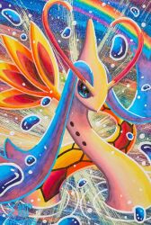 alternate_color animal_focus artist_name blue_eyes enryuu_(pixiv3483358) gen_3_pokemon looking_afar milotic nintendo no_humans partially_submerged pokemon pokemon_(creature) rainbow ripples shiny_pokemon signature solo traditional_media twitter_username water