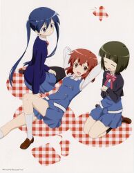 3girls :d ^_^ absurdres arm_support arms_behind_back artist_name black_jacket black_pantyhose black_socks blue_eyes blue_hair blue_skirt blue_sweater blue_vest brown_eyes brown_hair brown_shoes closed_eyes collared_shirt eye_contact fang from_above green_hair highres inokuma_youko jacket kin-iro_mosaic knee_up komichi_aya loafers lone_nape_hair long_hair long_sleeves looking_at_another lying miniskirt moegi_high_school_uniform multiple_girls non-web_source official_art on_back oomiya_shinobu open_mouth pantyhose scan school_uniform seiza shirt shoes short_hair sitting skirt smile socks sweater twintails ueda_kazuyuki vest white_shirt white_socks winter_uniform yokozuwari