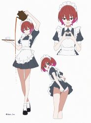 1girl 3: absurdres alternate_costume amate_yuzuriha apron aqua_eyes artist_name ass back_bow black_shoes bobby_socks bow closed_eyes commentary covering_ass covering_privates cropped_legs cropped_torso crossed_ankles cup edgar_syu english_commentary english_text enmaided frilled_apron frills full_body gundam gundam_gquuuuuux heart heart_hands highres holding holding_teapot holding_tray loafers looking_at_viewer looking_back maid maid_apron maid_headdress multiple_views open_mouth pantyhose puffy_short_sleeves puffy_sleeves red_hair shoes short_hair short_sleeves smile smug socks spilling standing teacup teapot tray twitter_username v-shaped_eyebrows white_apron white_bow white_socks