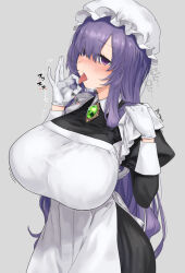 1girl apron black_dress blush borrowed_character breasts brooch collared_dress commentary_request contrast_collar cowboy_shot dress empty_eyes fellatio_gesture flipped_sidelocks francoise_(eurasia) frilled_headwear furrowed_brow gloves green_brooch grey_background hair_over_one_eye hat highres huge_breasts jewelry juliet_sleeves long_hair long_sleeves maid maid_apron mob_cap mori_yashiro_(konkon_oyashiro) motion_lines ok_sign original parted_bangs puffy_sleeves purple_eyes purple_hair sexually_suggestive simple_background solo tongue tongue_out very_long_hair white_apron white_gloves white_hat white_sleeve_cuffs