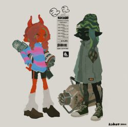 Rule 34 | 2girls, asymmetrical bangs, beanie, bike shorts, black footwear, black shorts, black skin, blaster (splatoon), blue hair, blue sweater, carrying, carrying under arm, colored skin, drill hair, explosher (splatoon), eyebrow cut, fake horns, full body, green eyes, green footwear, green hat, grey jacket, hairband, hand on own hip, hat, highres, horn hairband, horns, inkling, inkling girl, inkling player character, jacket, jewel under eye, long hair, long sleeves, medium hair, multiple girls, nintendo, octoling, octoling girl, octoling player character, orange skin, parted bangs, pink eyes, pink hair, pink sweater, pointy ears, red hairband, red horns, shoes, shorts, sneakers, socks, splatoon (series), standing, striped clothes, striped sweater, sweater, takokawayoi, tentacle hair, twin drills, two-tone sweater, wavy hair, white socks