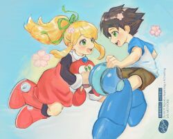 1boy 1girl blonde_hair blue_helmet blue_shirt brother_and_sister brown_hair brown_shorts dress eddie_(mega_man) full_body green_eyes helmet high_ponytail long_hair mega_man_(character) mega_man_(classic) mega_man_(series) ponytail red_dress roll_(mega_man) ropuning shirt short_hair shorts siblings two-tone_shirt unworn_headwear unworn_helmet watermark white_shirt