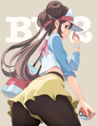 Rule 34 | 1girl, adjusting clothes, adjusting headwear, bag, black pantyhose, blue eyes, brown hair, cacn, closed mouth, double bun, english text, hair bun, handbag, highres, holding, holding poke ball, long hair, looking at viewer, nintendo, pantyhose, pantyhose under shorts, poke ball, pokemon, pokemon bw2, rosa (pokemon), shorts, smile, text background, wristband