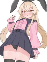 1girl angry black_bow black_panties black_ribbon black_skirt black_thighhighs blonde_hair blush bow brown_eyes cameltoe flat_chest from_below hair_ribbon hairband highres kantai_collection loli long_hair long_sleeves matsu_(pixiv_115467950) open_mouth panties pink_shirt ribbon shimakaze_(kancolle) shirt skirt standing suspender_skirt suspenders thighhighs underwear upskirt white_background