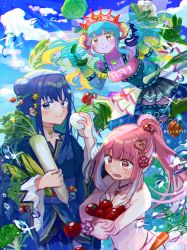 3girls alternate_hairstyle aqua_hair aqua_sweater armor bell_pepper bikini black_skirt blonde_hair blue_eyes blue_hair blue_kimono blue_sash blue_sky blunt_bangs blush boots breastplate broccoli carrot cauliflower closed_mouth cloud cloudy_sky colored_eyelashes colored_skin corn crown cucumber daikon dated dot_nose eggplant flower food food-themed_hair_ornament futaba_sana glitter gloves gradient_gloves gradient_hair gradient_sweater green_gloves hair_bun hair_down hair_flower hair_ornament hand_up hands_up heart heart_hair_ornament hexagram_hair_ornament highres holding holding_food holding_vegetable horns japanese_clothes jewelry kimono layered_sleeves lettuce long_hair long_sleeves looking_at_object looking_at_viewer magia_record:_mahou_shoujo_madoka_magica_gaiden magical_girl mahou_shoujo_madoka_magica multicolored_hair multiple_girls nanami_yachiyo nanami_yachiyo_(tanabata_ver.) necklace neon_trim obi octagram official_alternate_costume official_alternate_hairstyle open_mouth orange_horns pendant_choker pink_armor pink_bikini pink_eyes pink_flower pink_hair pink_sweater ponytail radish ribbed_sweater sash sheep_horns sidelocks single_side_bun skirt sky smile sparkle_hair_ornament split_mouth sweat sweater swimsuit tamaki_iroha tamaki_iroha_(swimsuit_ver.) thigh_boots tomato tomato_hair_ornament totte turtleneck turtleneck_sweater twitter_username uwasa_no_sana vegetable veil waist_cape wavy_hair wavy_mouth white_skin yellow_eyes