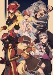 3boys 3girls absurdres alternate_costume alternate_hairstyle annihilape annihilape_(cosplay) armarouge armarouge_(cosplay) armor atticus_(pokemon) bags_under_eyes black_hair blue_hair brown_hat brown_shorts brown_thighhighs chain commentary_request cosplay dachsbun dachsbun_(cosplay) dress earrings elbow_gloves eri_(pokemon) fake_tail fighting_stance forehead gen_6_pokemon giacomo_(pokemon) gloves green_eyes grey_eyes grey_hair gun hair_slicked_back handgun hands_on_own_chest hat helmet highres hip_vent holding holding_gun holding_weapon japanese_armor jewelry kabuto_(helmet) kingambit kingambit_(cosplay) kneehighs layered_sleeves long_hair long_sleeves looking_at_viewer mela_(pokemon) multicolored_hair multiple_boys multiple_girls nintendo no_eyewear ortega_(pokemon) own_hands_together palms paw_pose penny_(pokemon) pink_hair pokemon pokemon_sv purple_eyes ready_to_draw red_eyes red_hair revavroom revavroom_(cosplay) samurai see-through_clothes sheath sheathed short_hair short_over_long_sleeves short_sleeves shorts smile socks streaked_hair suzukinoko1021 sword sylveon sylveon_(cosplay) tail team_star thick_eyebrows thighhighs two-handed two-tone_hair very_short_hair weapon white_dress yellow_tail