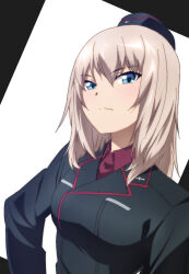Rule 34 | 1girl, blue eyes, commentary, cwind, garrison cap, girls und panzer, grey hair, hat, highres, itsumi erika, jacket, kuromorimine military uniform, long hair, looking at viewer, military uniform, solo, two-tone background, upper body