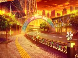 arch artist_request banner building city cloud fireworks game_cg garland_(decoration) gleam lamppost magia_record:_mahou_shoujo_madoka_magica_gaiden mahou_shoujo_madoka_magica no_humans official_art orange_sky outdoors pillar pinwheel radio_tower road scenery shop sidewalk sky skyscraper streamers street sunset tree