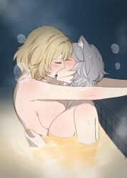 2girls 9_(hcl9fg) aglaea_(honkai:_star_rail) animal_ears blonde_hair blush breasts cat_ears cipher_(honkai:_star_rail) closed_eyes grey_hair highres honkai:_star_rail honkai_(series) kiss large_breasts multiple_girls partially_submerged same-sex_bathing shared_bathing short_hair water wet wet_hair yellow_nails yuri
