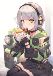 1girl anby_demara burger eating female_focus fingerless_gloves gloves hazzyiii1108 headphones holding_burger holding_food looking_at_viewer multicolored_eyes short_hair solo white_hair zenless_zone_zero