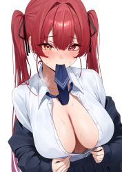 1girl absurdres alternate_costume black_jacket black_ribbon black_skirt blue_necktie blush breasts collared_shirt commentary dress_shirt fingernails hair_ribbon hashtag-only_commentary heterochromia highres holika_baby hololive houshou_marine jacket large_breasts long_fingernails long_hair long_sleeves mouth_hold necktie necktie_in_mouth off_shoulder open_clothes open_jacket partially_unbuttoned pleated_skirt red_eyes red_hair ribbon shirt shirt_tucked_in simple_background skirt solo sweat twintails upper_body virtual_youtuber white_background white_shirt yellow_eyes