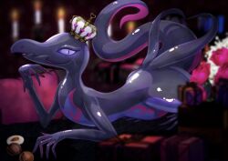 1girl absurdres blurry blurry_background box candle candy colored_sclera colored_skin crown eyelashes fangs flower food furry furry_female game_freak gen_7_pokemon gift gift_box highres lizard_tail looking_at_viewer lying murase_(muraselelait) nintendo pink_flower pink_rose pink_skin pokemon pokemon_(creature) purple_eyes purple_skin reptile_girl rose salazzle skin_fangs smile solo tail two-tone_fur