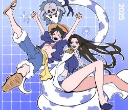 1boy 1girl arms_up black_hair blue_shorts boa_hancock commentary epaulettes full_body hat long_hair monkey_d._luffy one_piece open_mouth salome_(one_piece) sandals sash scar scar_on_face shorts sidelocks sitting skull smile snake spacesea straw_hat symbol-only_commentary yellow_sash