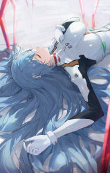 Rule 34 | 1girl, absurdres, arm up, ayanami rei, blue hair, bodysuit, breasts, closed eyes, evangelion: 3.0+1.0 thrice upon a time, gloves, highres, jianjia, lance of longinus (evangelion), long hair, mecha pilot suit, medium breasts, neon genesis evangelion, plugsuit (evangelion), rebuild of evangelion, sleeping, solo, white bodysuit, white gloves