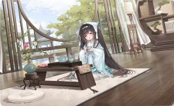 1girl absurdly_long_hair absurdres apron aqua_choker aqua_dress aqua_ribbon architecture artist_request azur_lane bird black_hair blue_sky blunt_bangs blush book brown_eyes carpet chair chang_feng_(a_sky_blue_eclipsing_jade)_(azur_lane) chang_feng_(azur_lane) check_artist chinese_clothes choker cloud collarbone cup curtains cushion day dress east_asian_architecture floor flower flower_pot frilled_dress frilled_sleeves frills hair_ornament hairband head_tilt headscarf highres holding holding_cup indoors kettle lamp lantern layered_sleeves leaf long_hair long_sleeves looking_at_viewer non-web_source nys official_alternate_costume official_art on_cushion open_mouth pantyhose pink_flower plant plate potted_plant ribbon round_window shoes sitting sky smile solo steam table tea tea_set teacup teapot tree twintails vase very_long_hair wariza white_flower white_pantyhose wide_sleeves window wooden_floor wooden_table