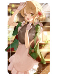 1girl :d absurdres alternate_costume alternate_hairstyle apron blonde_hair blunt_bangs blurry blurry_background border braid cafe cowboy_shot dappled_sunlight depth_of_field double_bun floral_print floral_print_kimono frilled_apron frills gloves green_eyes green_kimono hair_bun hair_ornament hand_up highres holding holding_tray indie_virtual_youtuber indoors japanese_clothes kimono looking_at_viewer maid maid_apron mocchan_(mo_chan0225) open_mouth pom_pom_(clothes) pom_pom_hair_ornament print_kimono shigure_ui_(vtuber) short_hair side_braid sidelocks smile solo sunlight swept_bangs tray virtual_youtuber wa_maid waitress white_apron white_gloves