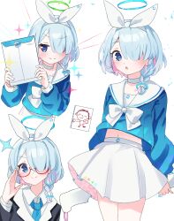 Rule 34 | 1girl, arms behind back, arona (blue archive), black coat, blouse, blue archive, blue eyes, blue hair, blue halo, blue necktie, blue pupils, blue shirt, bow, bow hairband, braid, choker, closed mouth, coat, collared shirt, cosplay, diamond (shape), doodle sensei (blue archive), flat chest, front braid, glasses, green halo, hair over one eye, hairband, halo, highres, holding, holding sword, holding weapon, lapels, long sleeves, looking ahead, looking at viewer, midriff peek, multicolored hair, necktie, pakimoti, parted lips, pink hair, pink streaks, pleated skirt, sailor collar, school uniform, sensei (blue archive), serafuku, shirt, short braid, short hair, side braid, simple background, skirt, smile, streaked hair, sword, two-tone hair, v-shaped eyebrows, weapon, white background, white bow, white choker, white hairband, white sailor collar, white shirt, white skirt, yuuka (blue archive), yuuka (blue archive) (cosplay)
