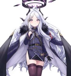 Rule 34 | 1girl, ahoge, armband, black coat, black gloves, black skirt, blue archive, blush, brown thighhighs, coat, coat on shoulders, commentary, cowboy shot, demon horns, demon wings, dress, gabang, gloves, grey hair, halo, highres, hina (blue archive), horns, light smile, long hair, looking at viewer, medal, parted bangs, pink eyes, purple dress, red armband, simple background, skirt, solo, thighhighs, very long hair, white background, wings