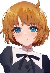 1girl :3 ahoge arms_at_sides assault_lily black_ribbon blue_eyes blush brown_hair buttons closed_mouth commentary_request futagawa_fumi highres jiroru juliet_sleeves long_sleeves looking_at_viewer neck_ribbon portrait puffy_sleeves ribbon school_uniform short_hair simple_background smile solo white_background yurigaoka_girls_academy_school_uniform