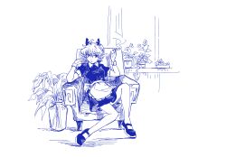 1girl apron armchair blue_theme chair cigarette dress ge_dazuo hatching_(texture) highres holding holding_cigarette horns indoors looking_at_viewer maid mary_janes monochrome original plant pointy_ears potted_plant shoes short_dress short_sleeves sitting smoking vase waist_apron white_background window