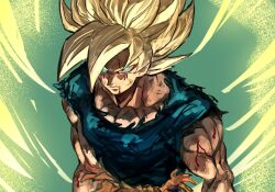 Rule 34 | 1boy, 9302w (user wjpg8475), aura, blonde hair, blood, blood on arm, blood on face, blue shirt, closed mouth, collarbone, dougi, dragon ball, dragonball z, glowing, glowing eyes, green eyes, highres, injury, looking at viewer, male focus, muscular, muscular male, scratches, shirt, sleeveless, sleeveless shirt, solo, son goku, spiked hair, super saiyan, super saiyan 1, torn clothes, torn shirt, upper body