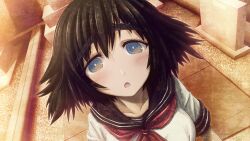 1girl :o aqua_eyes black_hair black_sailor_collar black_trim blue_eyes blush bob_cut bow chest_bow collarbone dutch_angle from_above game_cg graveyard hair_between_eyes highres huke looking_at_viewer medium_hair neckerchief non-web_source official_art open_mouth outdoors ringed_eyes sailor_collar school_uniform serafuku shiina_mayuri shiny_lips shirt short_sleeves solo square_pupils steins;gate steins;gate:_my_darling&#039;s_embrace sunset surprised tareme thick_eyebrows tombstone tongue white_shirt