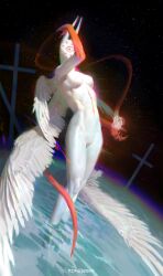 1girl absurdres angel_wings arm_up artist_name breasts breasts_apart colored_skin completely_nude cross dated deep_wound disembodied_wing extra_eyes fingernails from_side full_body giant giantess glowing groin highres horns injury large_cross oversized_wings latin_cross leaning_back legs light_trail linea_alba long_fingernails long_horns looking_at_viewer medium_breasts multicolored_skin multiple_wings nipples no_ears no_navel nude one-eyed open_hands original painterly planet red_eyes red_nails red_skin red_tail rifu_hata seraph sky space standing star_(sky) starry_sky tail two-tone_skin wading white_skin wings