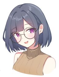 1girl absurdres asagizu blue_hair brown_sweater commentary english_commentary glasses highres looking_at_viewer open_mouth original purple_eyes short_hair simple_background sleeveless sleeveless_sweater solo sweater white_background