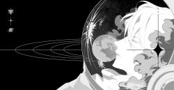 Rule 34 | 1boy, astronaut, benkdjjituibot, black background, closed eyes, cloud, earth (planet), greyscale, helmet, highres, leaning back, monochrome, omniscient reader&#039;s viewpoint, orbital path, planet, portrait, reflective surface, short hair, size difference, solo, space helmet, sparkle, star (symbol), sun, white hair, yoo joonghyuk