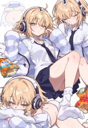 2girls absurdres bag_of_chips blonde_hair blue_necktie blue_skirt blush chips_(food) collared_shirt ebora face_in_pillow fate/grand_order fate_(series) food headphones highres jeanne_d&#039;arc_(fate) long_hair looking_at_viewer melusine_(fate) metatron_jeanne_(fate) multiple_girls multiple_views necktie panties pillow potato_chips shirt skirt socks underwear white_background white_panties white_shirt white_socks yawning yellow_eyes