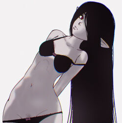 Rule 34 | 1girl, black hair, bra, female pubic hair, hair over one eye, highres, lena miaou, licorice (justadrian), long hair, navel, panties, pout, pubic hair, red pupils, solo, underwear, vampire, very long hair